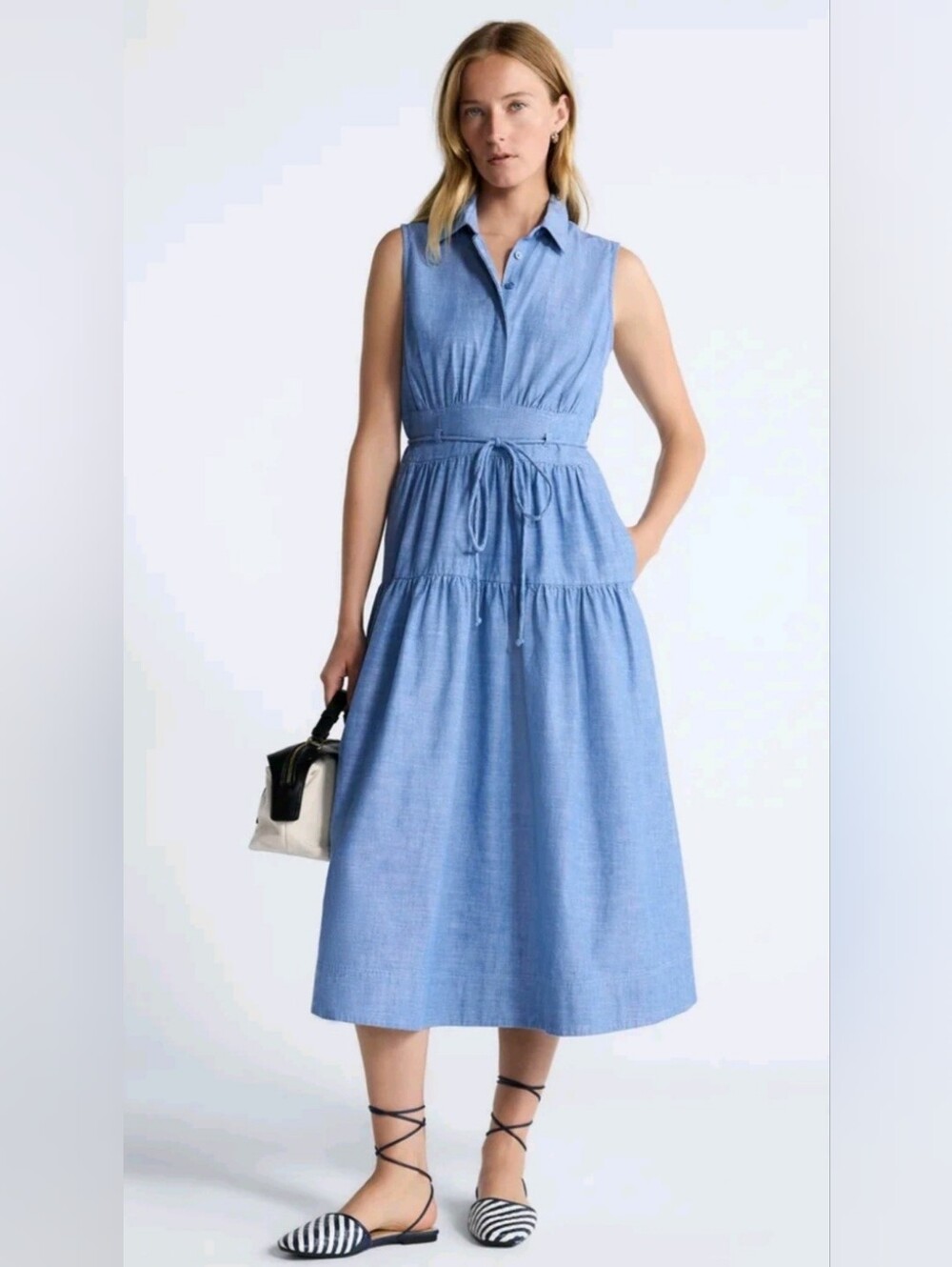 Free Assembly Sleeveless Cotton Maxi Shirtdress Belted Blue XL NWT